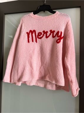 Wooden Ships Pink Sweater with Red "Merry" Script